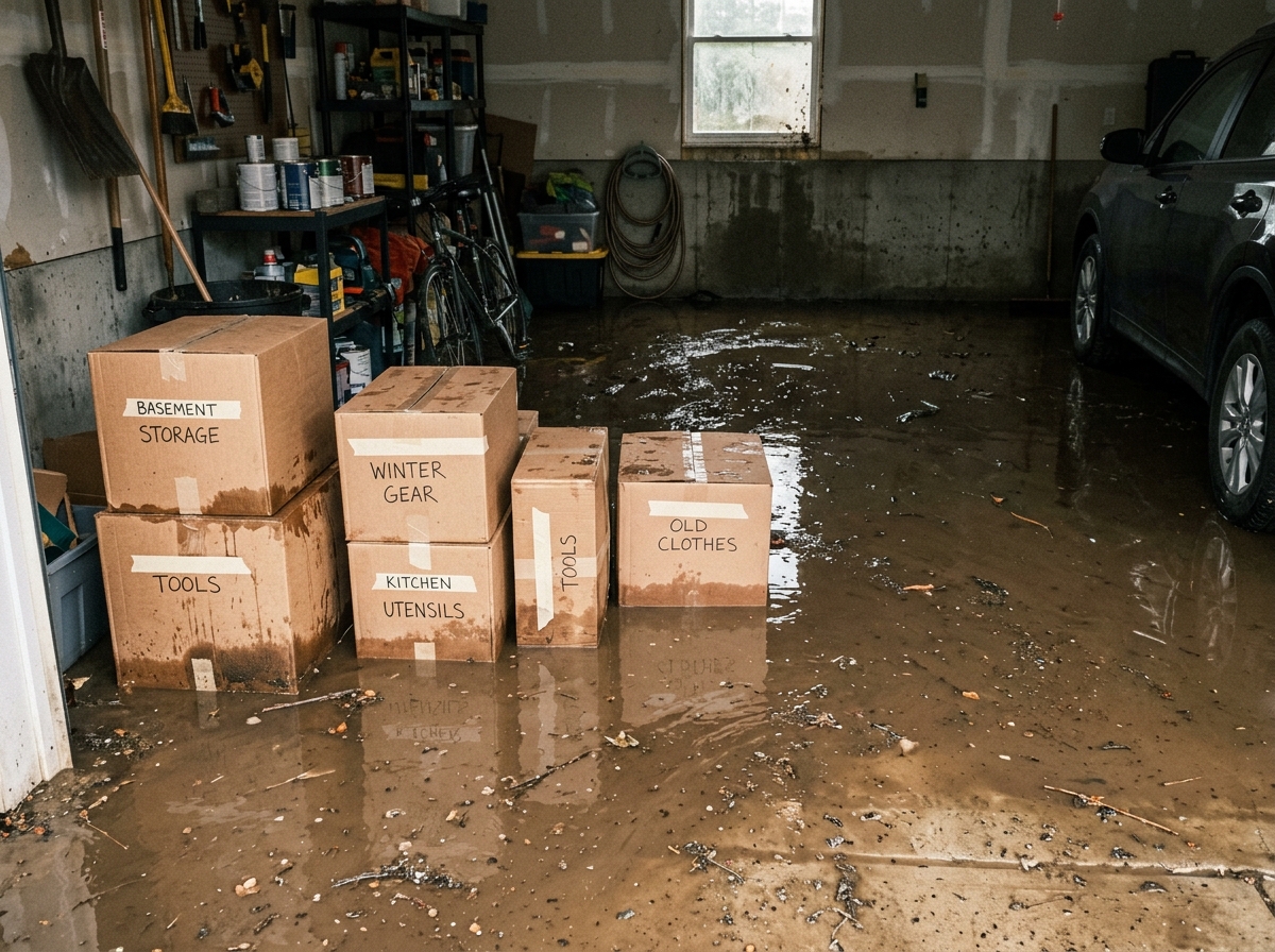 Before: Storm runoff through a garage