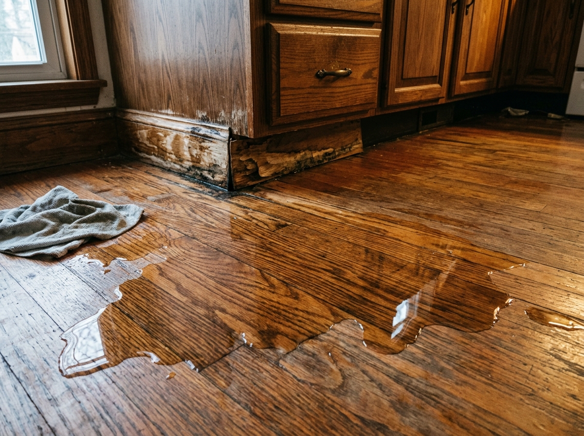 Before: Slab leak under kitchen cabinets